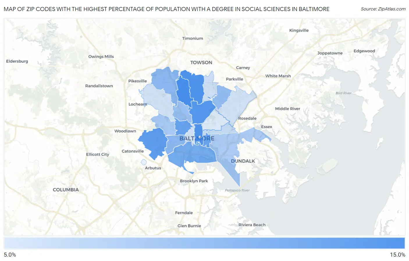 Zip Codes with the Highest Percentage of Population with a Degree in Social Sciences in Baltimore Map