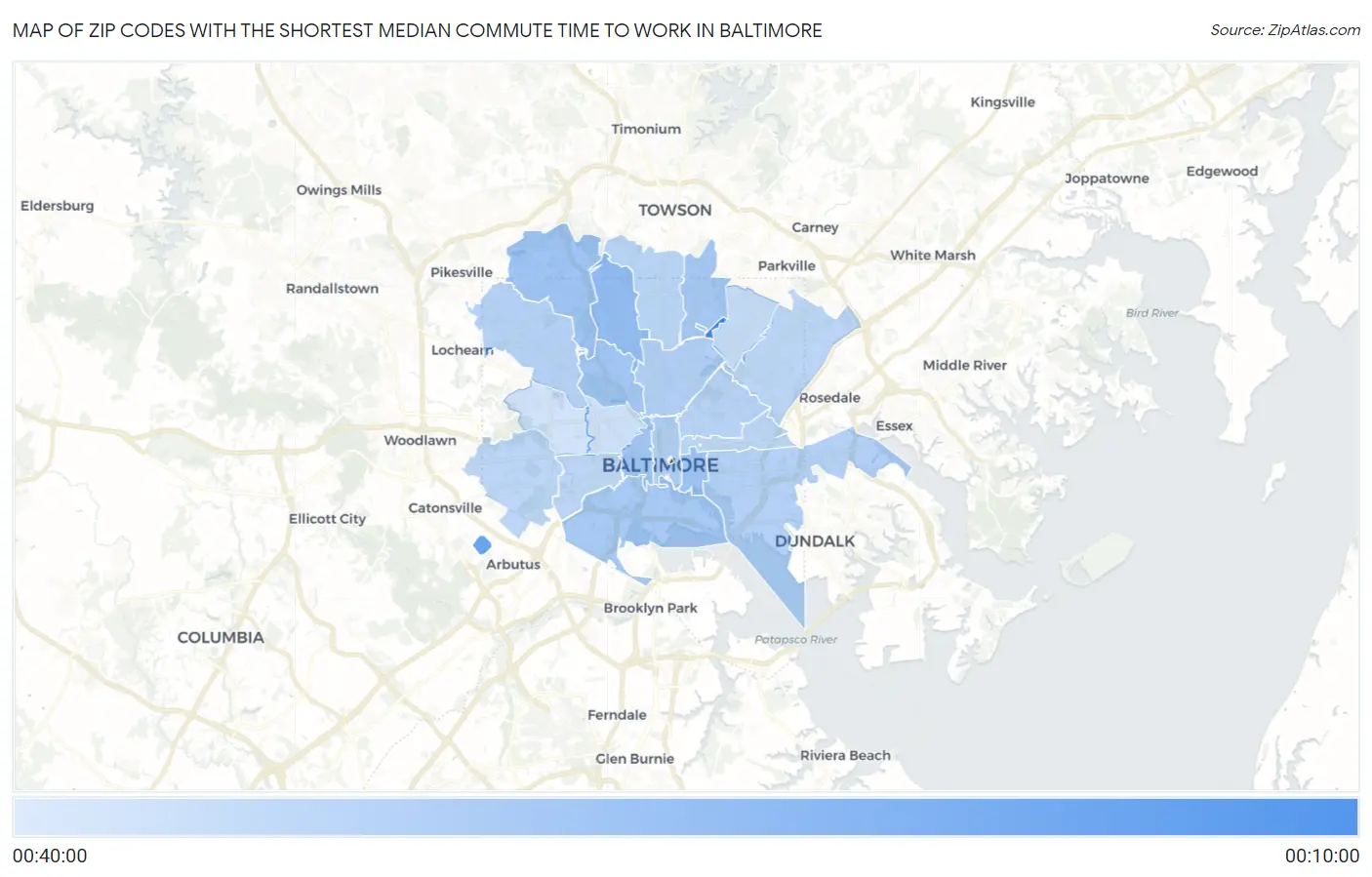 Zip Codes with the Shortest Median Commute Time to Work in Baltimore Map