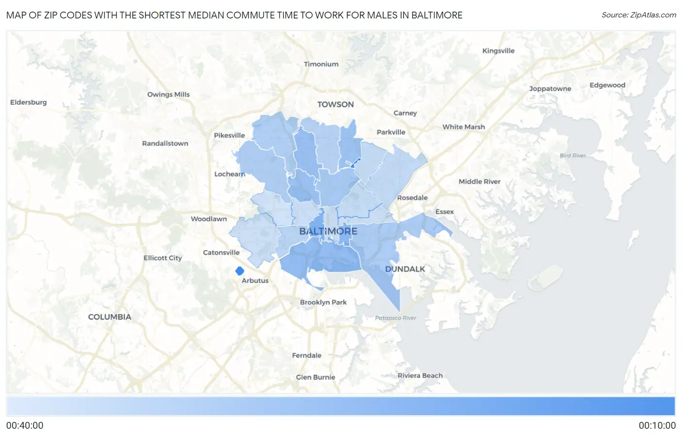 Zip Codes with the Shortest Median Commute Time to Work for Males in Baltimore Map