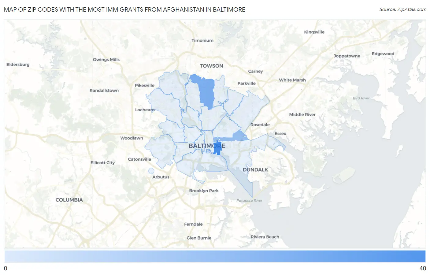 Zip Codes with the Most Immigrants from Afghanistan in Baltimore Map