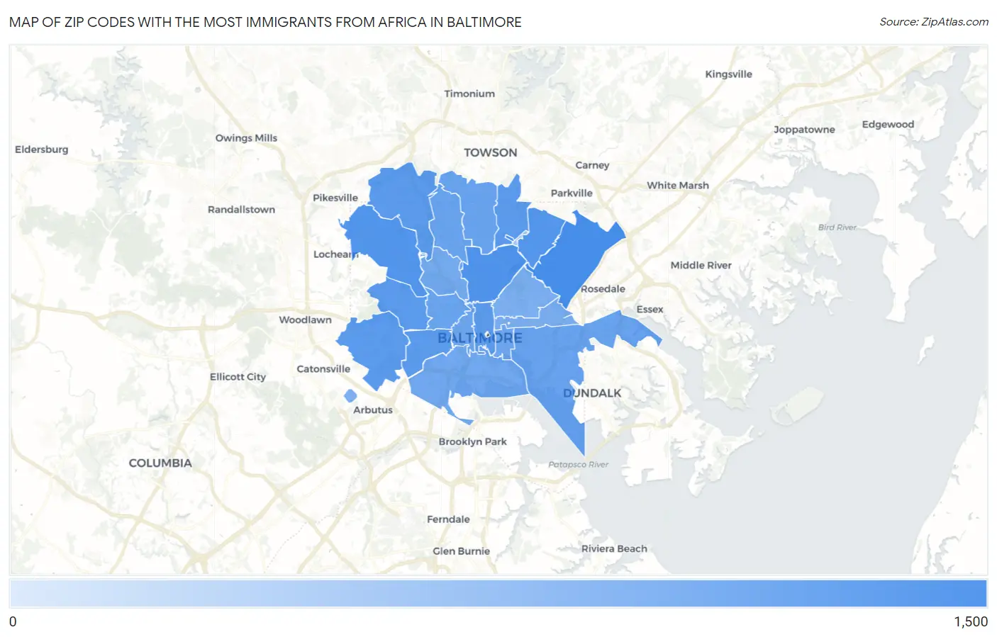 Zip Codes with the Most Immigrants from Africa in Baltimore Map