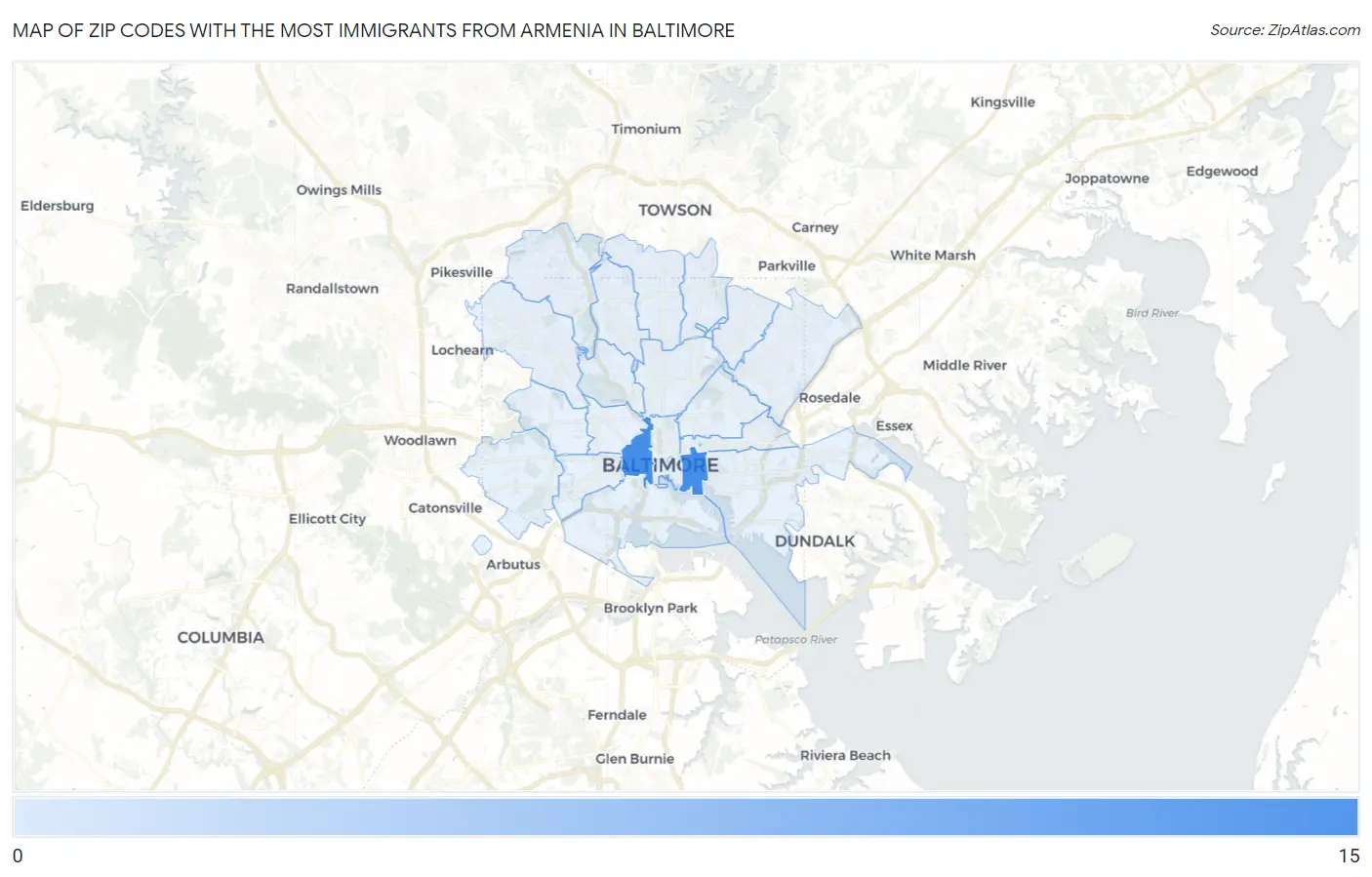 Zip Codes with the Most Immigrants from Armenia in Baltimore Map