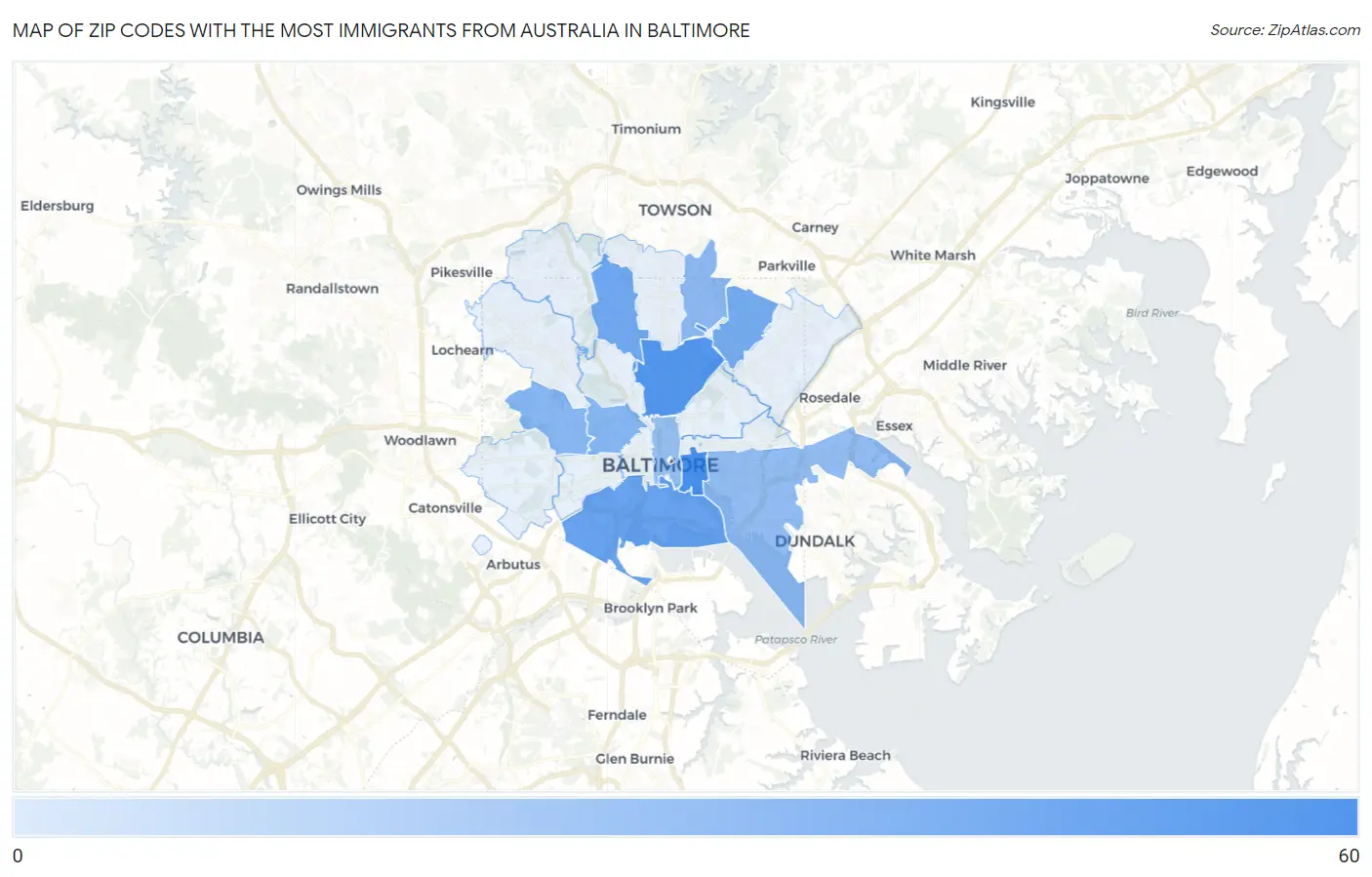 Zip Codes with the Most Immigrants from Australia in Baltimore Map