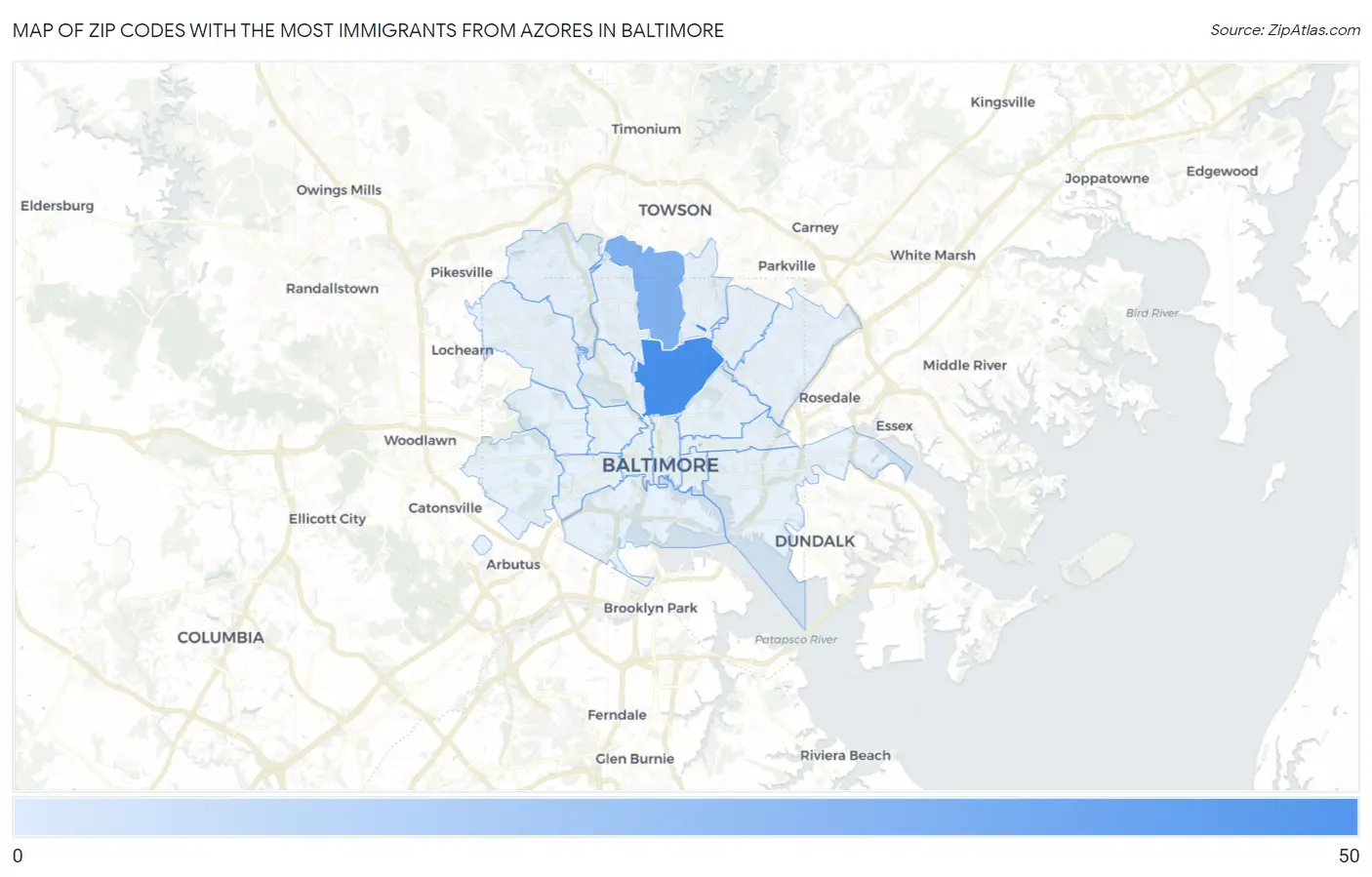 Zip Codes with the Most Immigrants from Azores in Baltimore Map