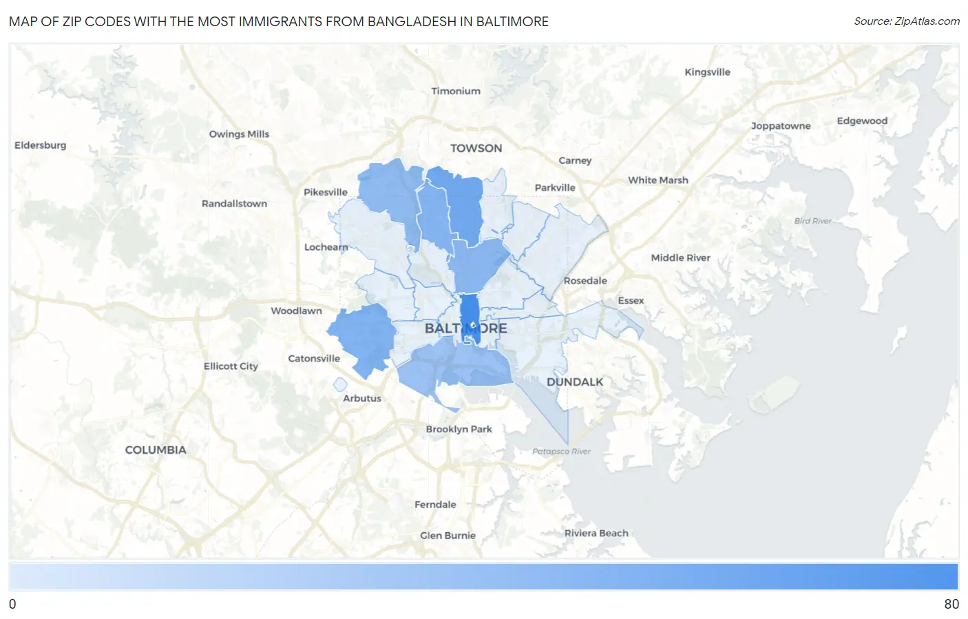 Zip Codes with the Most Immigrants from Bangladesh in Baltimore Map