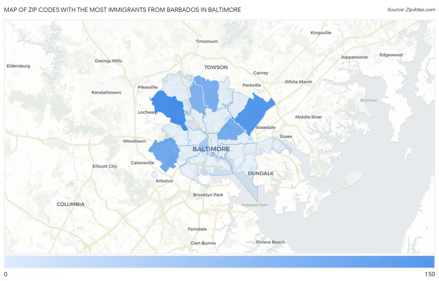 Zip Codes with the Most Immigrants from Barbados in Baltimore Map