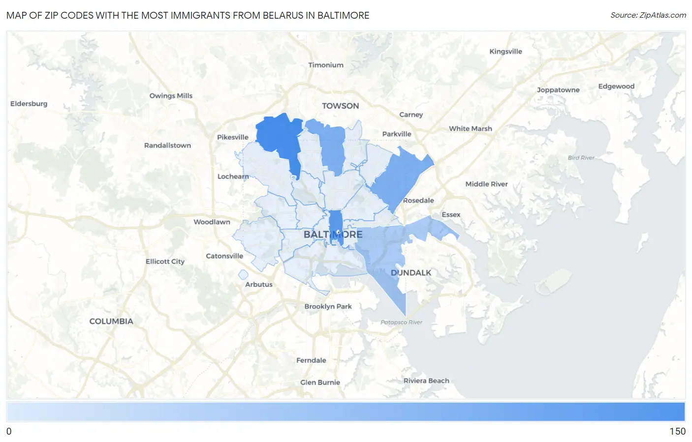 Zip Codes with the Most Immigrants from Belarus in Baltimore Map