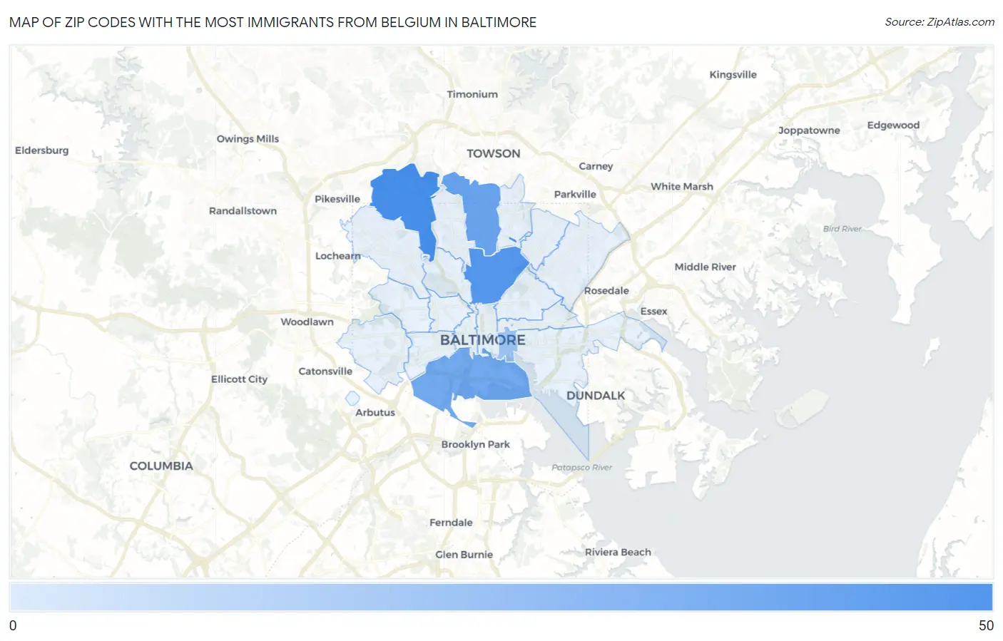 Zip Codes with the Most Immigrants from Belgium in Baltimore Map