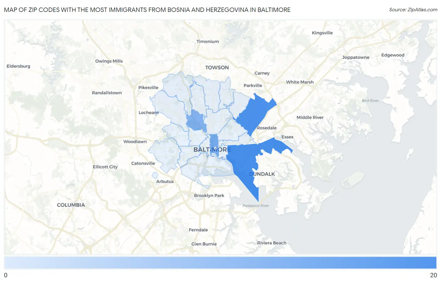 Zip Codes with the Most Immigrants from Bosnia and Herzegovina in Baltimore Map