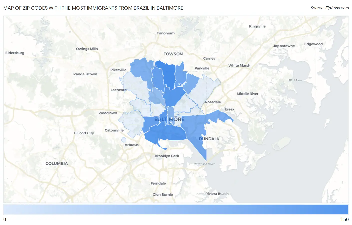 Zip Codes with the Most Immigrants from Brazil in Baltimore Map