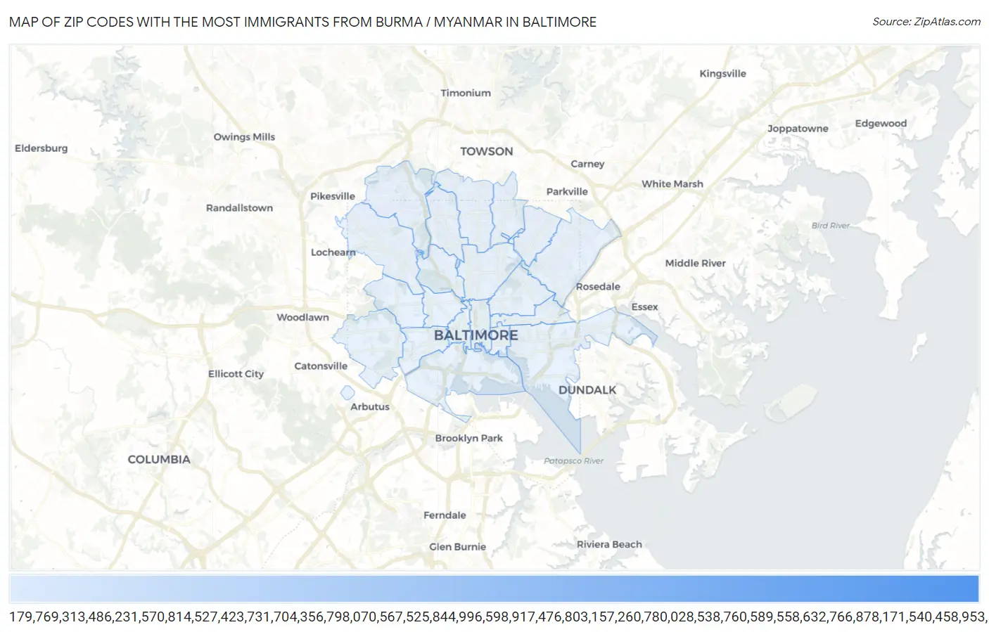 Zip Codes with the Most Immigrants from Burma / Myanmar in Baltimore Map