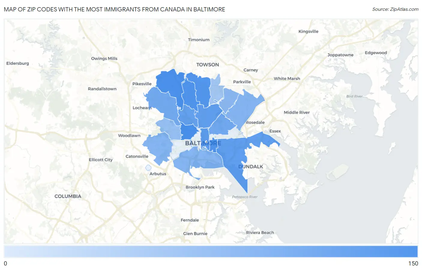 Zip Codes with the Most Immigrants from Canada in Baltimore Map