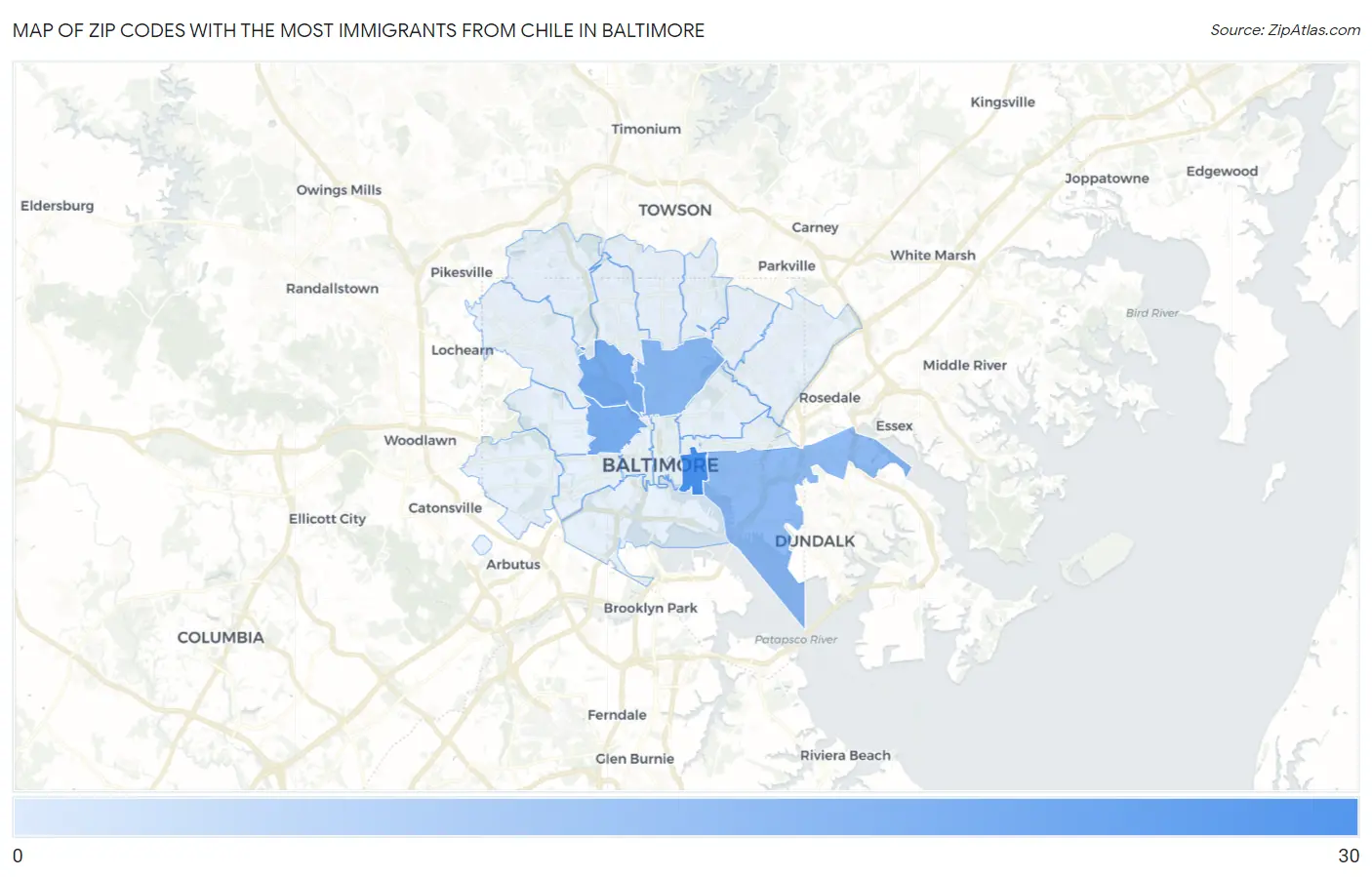 Zip Codes with the Most Immigrants from Chile in Baltimore Map