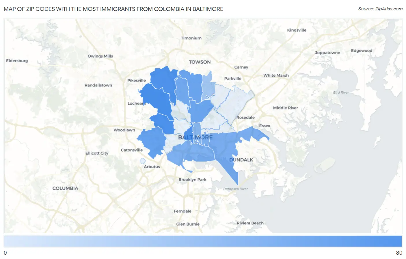 Zip Codes with the Most Immigrants from Colombia in Baltimore Map