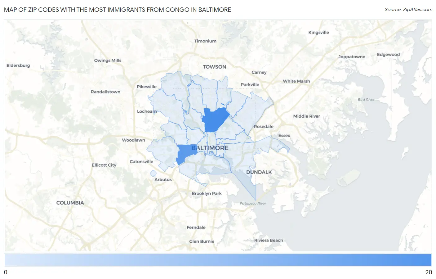 Zip Codes with the Most Immigrants from Congo in Baltimore Map