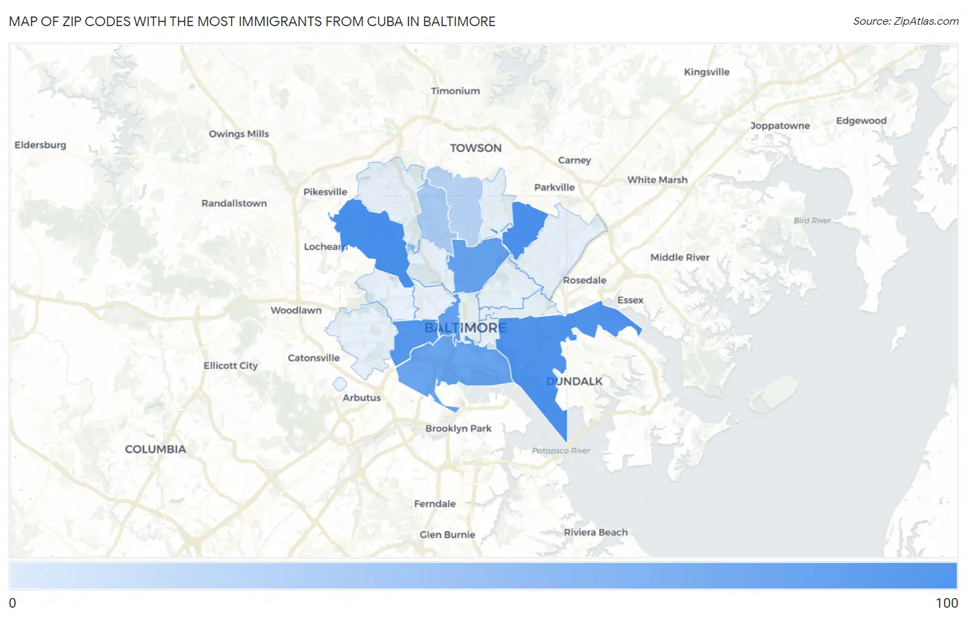 Zip Codes with the Most Immigrants from Cuba in Baltimore Map