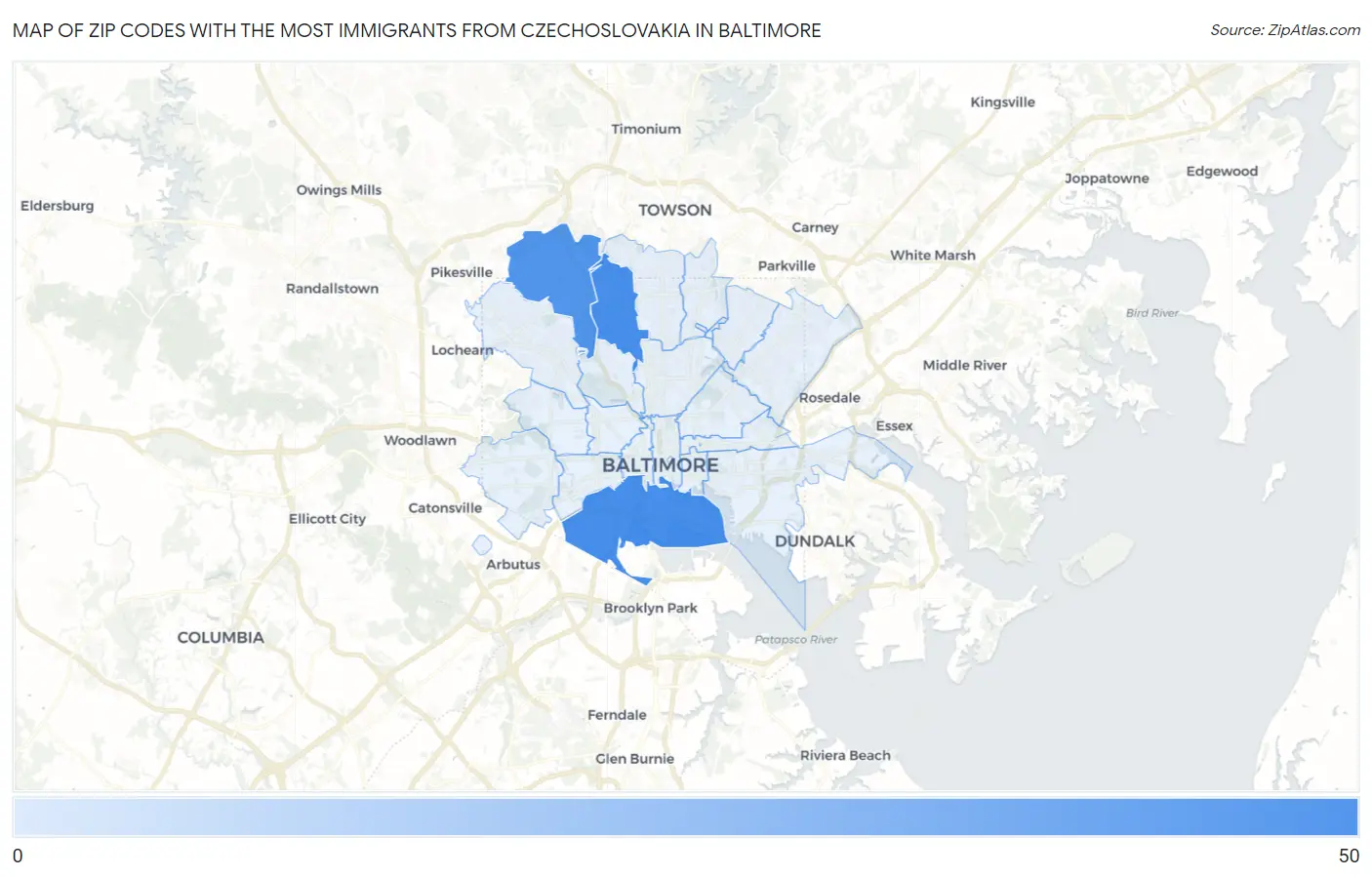 Zip Codes with the Most Immigrants from Czechoslovakia in Baltimore Map
