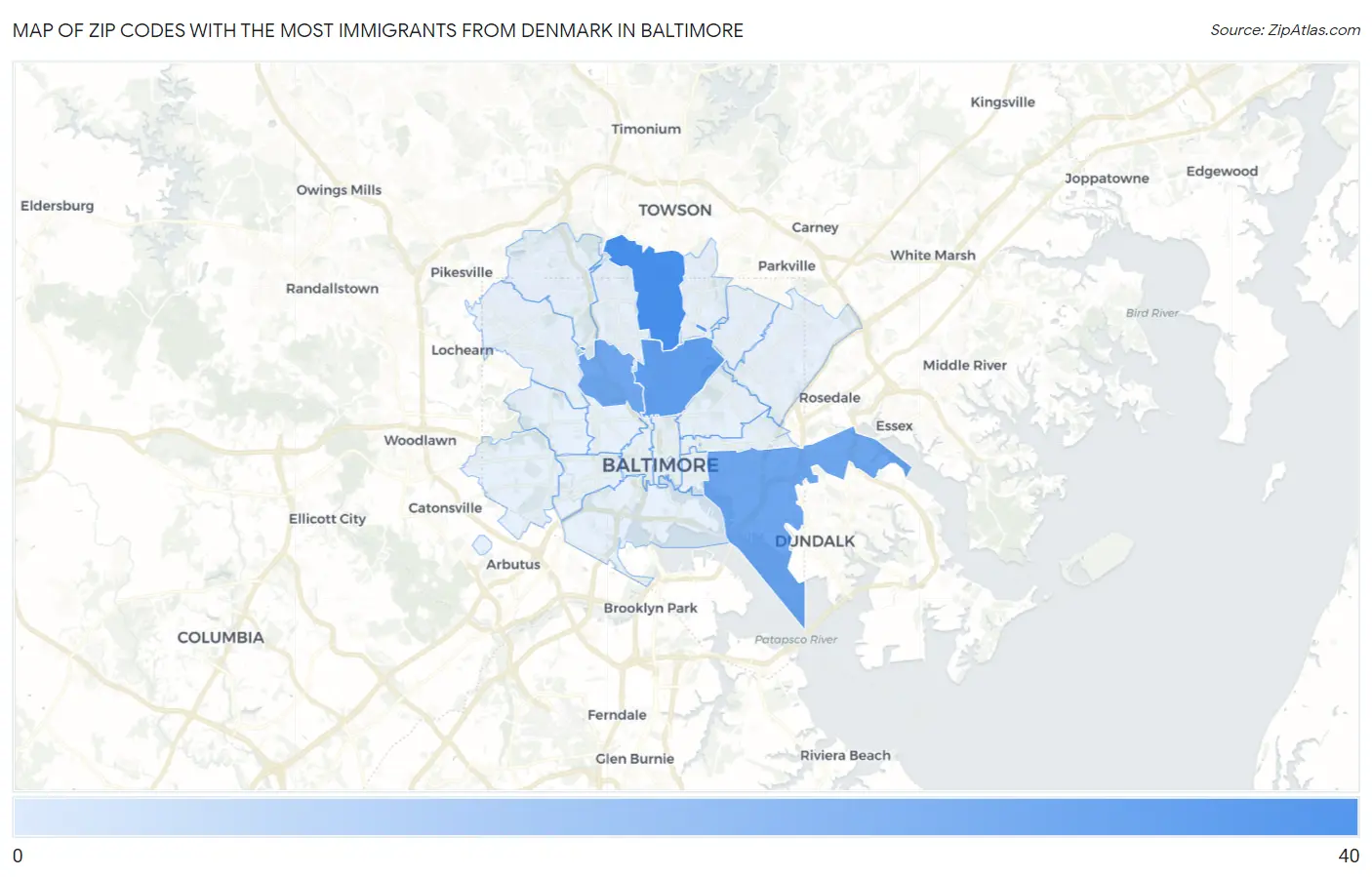 Zip Codes with the Most Immigrants from Denmark in Baltimore Map