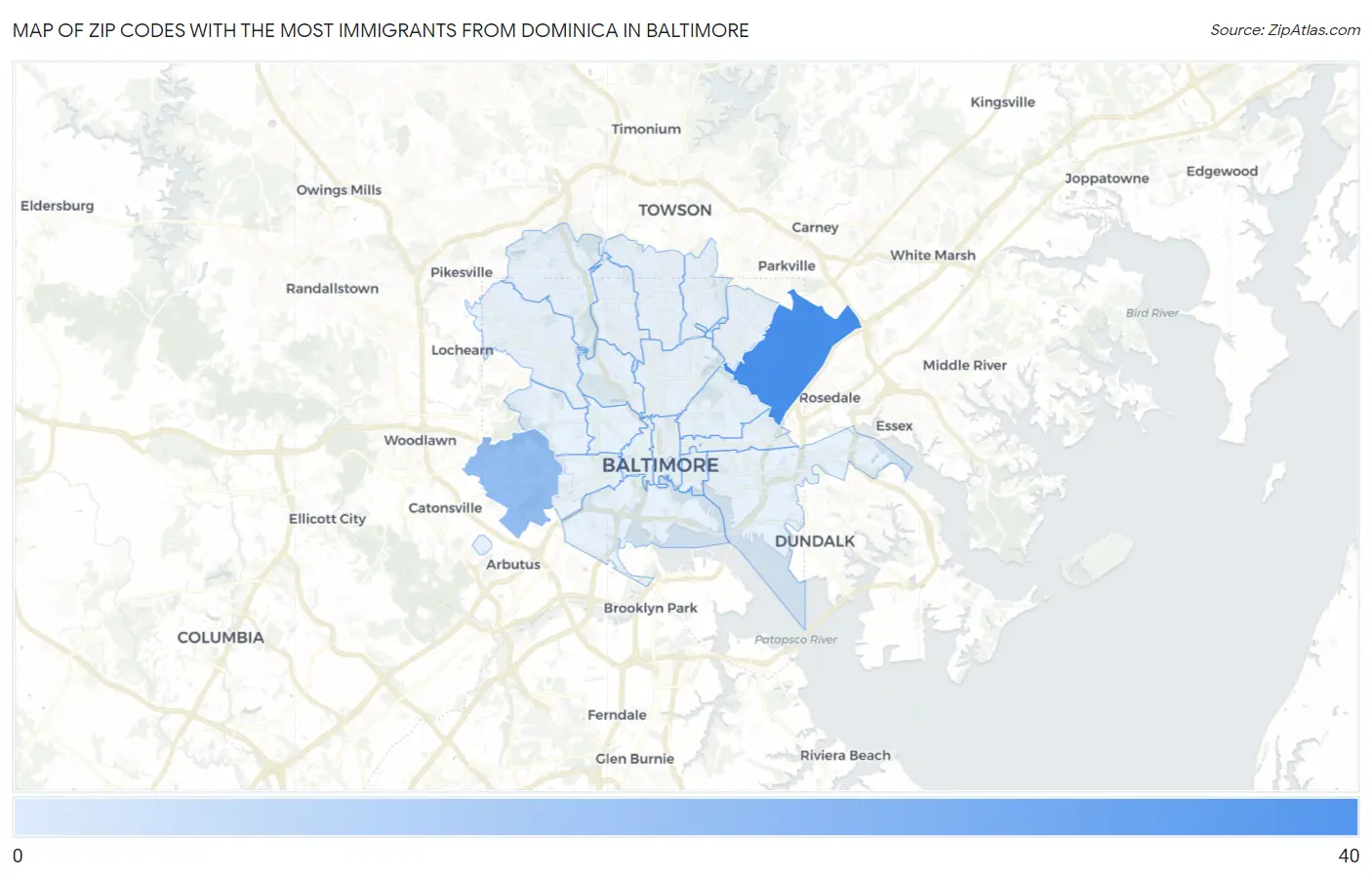 Zip Codes with the Most Immigrants from Dominica in Baltimore Map