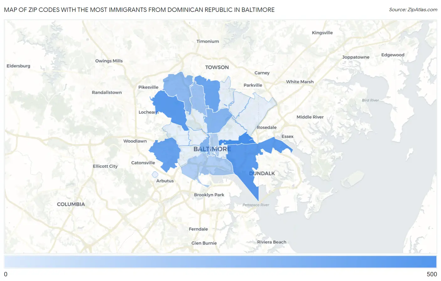Zip Codes with the Most Immigrants from Dominican Republic in Baltimore Map