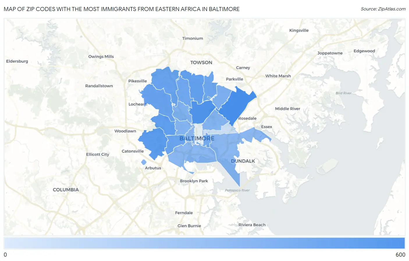 Zip Codes with the Most Immigrants from Eastern Africa in Baltimore Map
