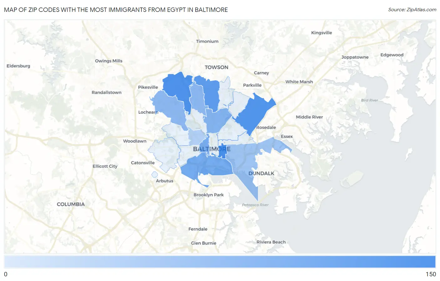 Zip Codes with the Most Immigrants from Egypt in Baltimore Map