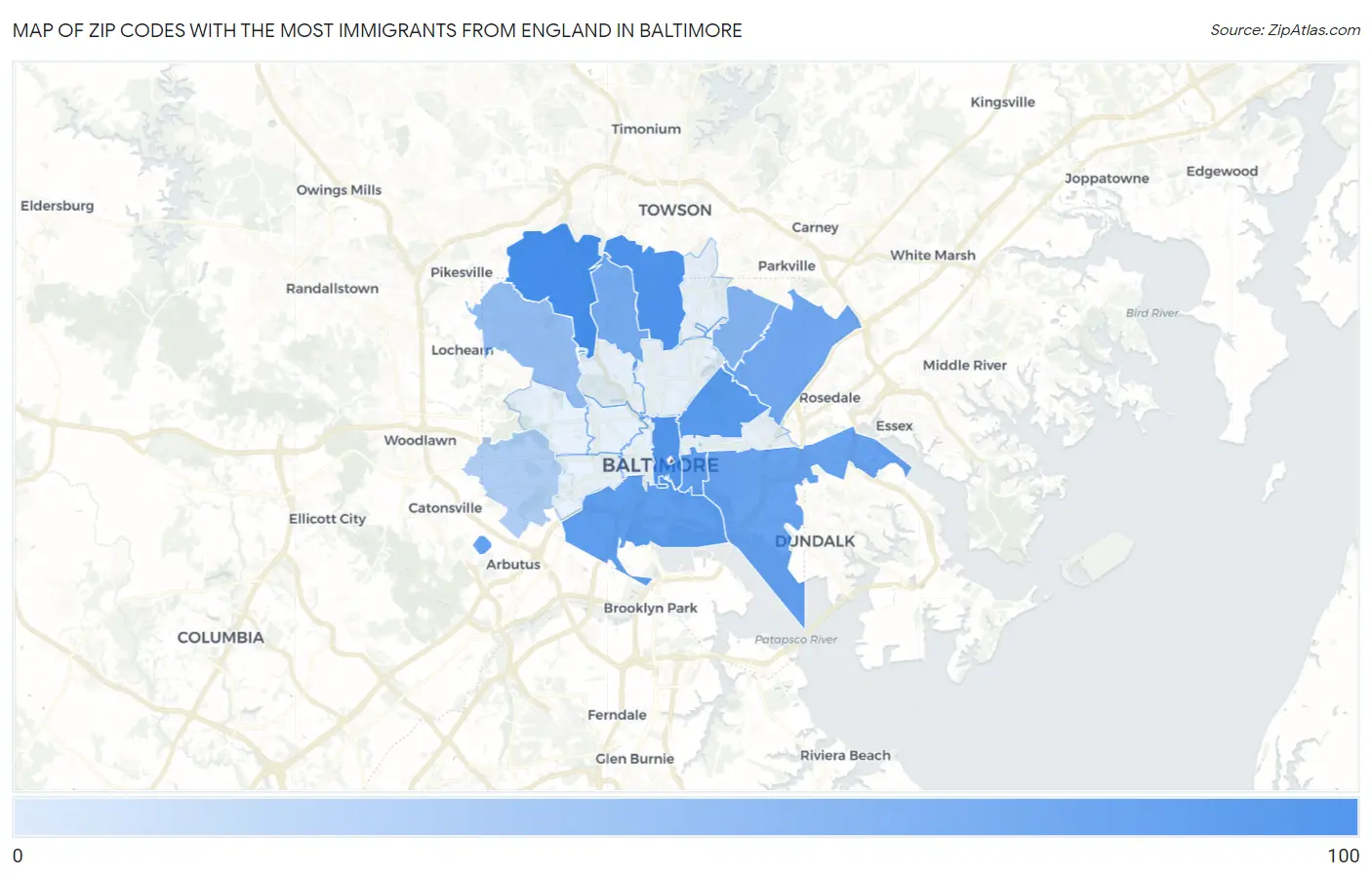 Zip Codes with the Most Immigrants from England in Baltimore Map