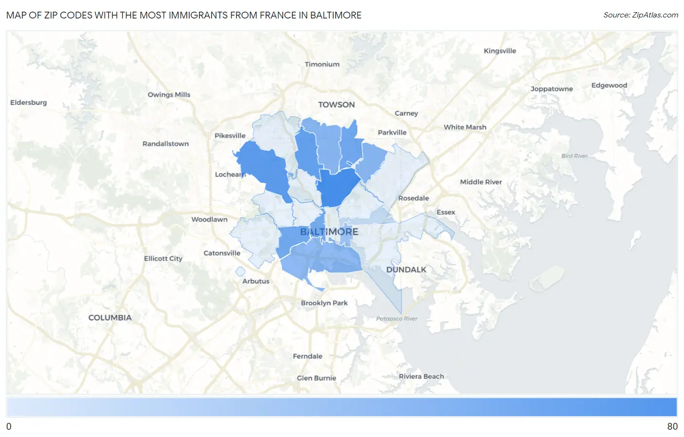 Zip Codes with the Most Immigrants from France in Baltimore Map