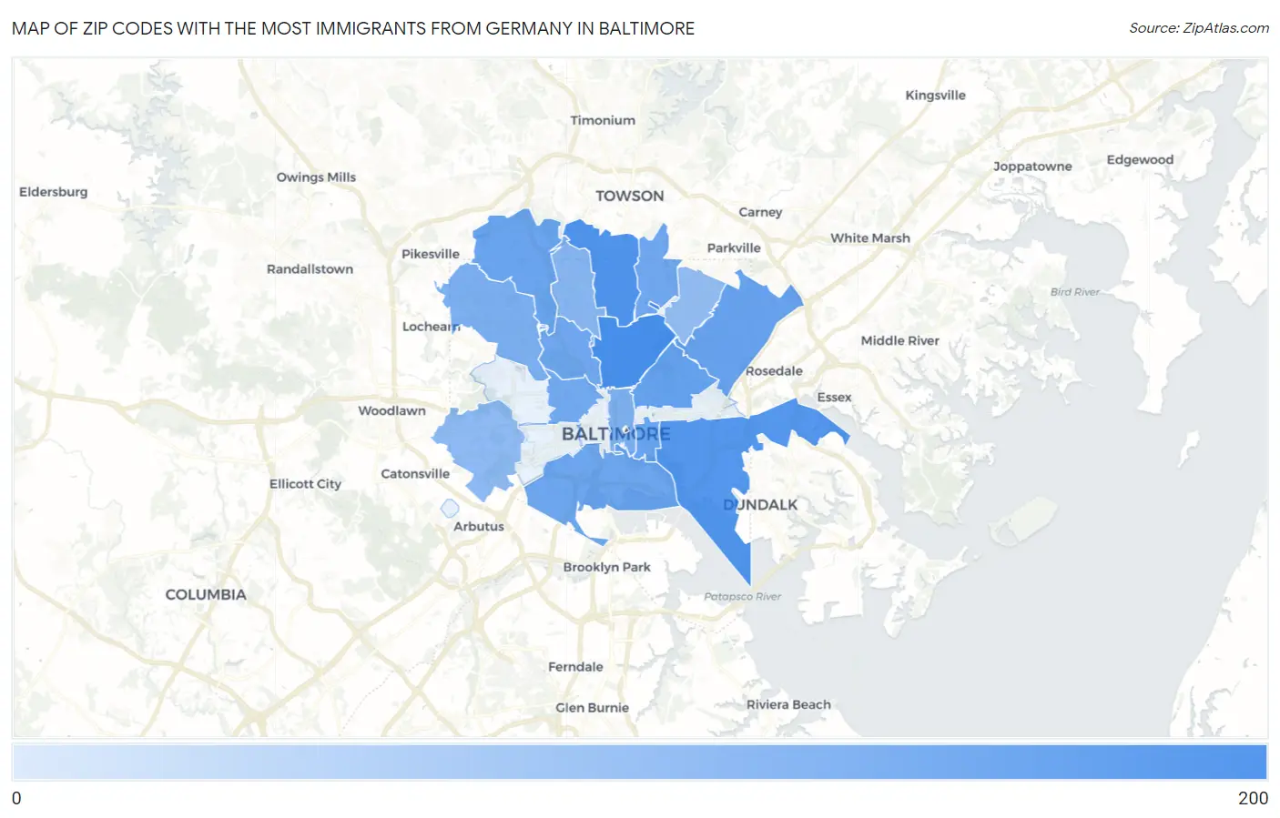 Zip Codes with the Most Immigrants from Germany in Baltimore Map