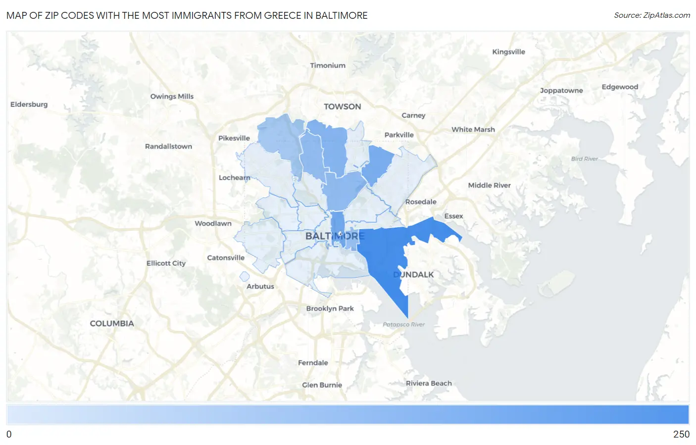 Zip Codes with the Most Immigrants from Greece in Baltimore Map