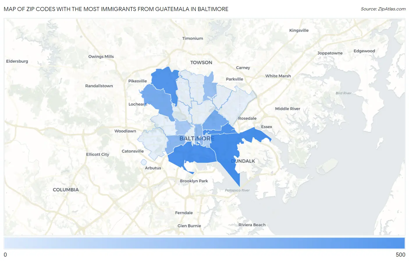 Zip Codes with the Most Immigrants from Guatemala in Baltimore Map