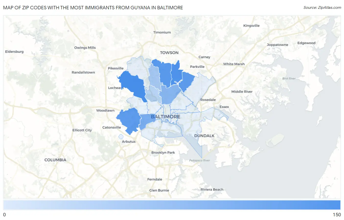 Zip Codes with the Most Immigrants from Guyana in Baltimore Map