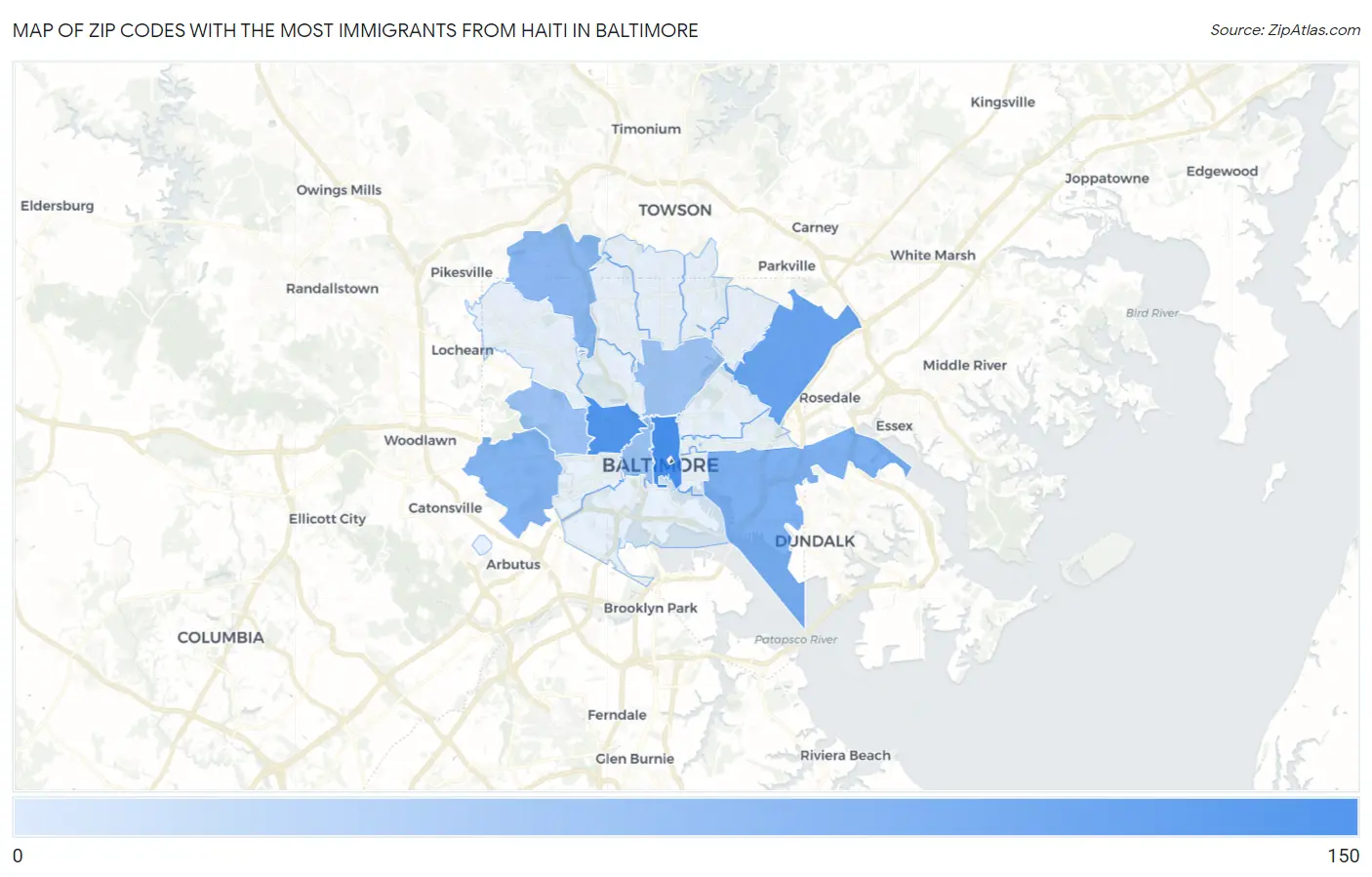 Zip Codes with the Most Immigrants from Haiti in Baltimore Map