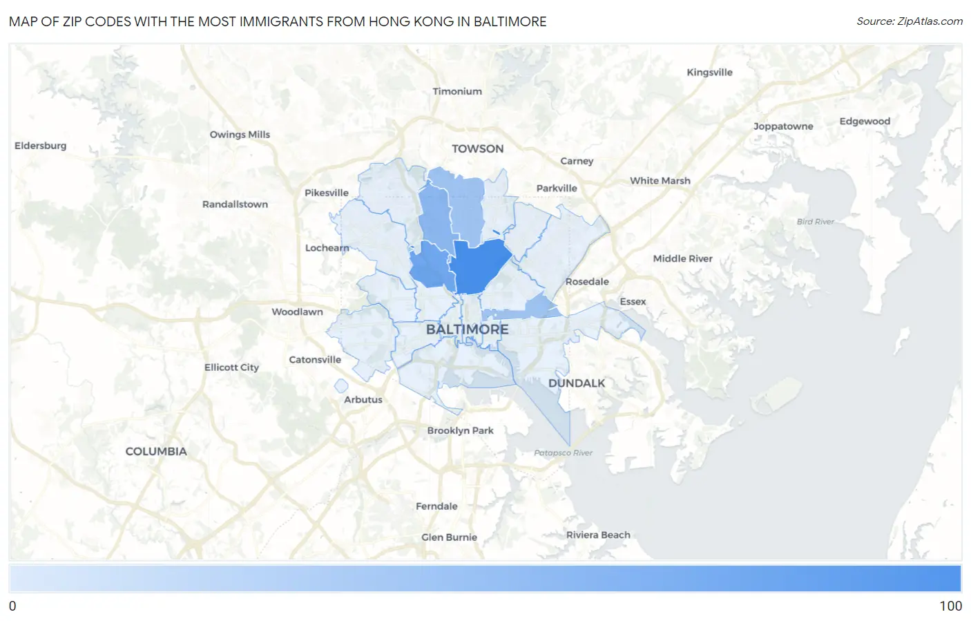 Zip Codes with the Most Immigrants from Hong Kong in Baltimore Map