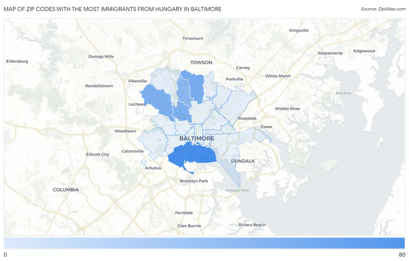 Zip Codes with the Most Immigrants from Hungary in Baltimore Map