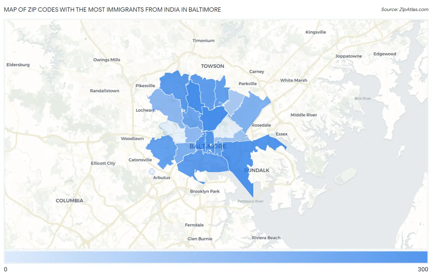 Zip Codes with the Most Immigrants from India in Baltimore Map