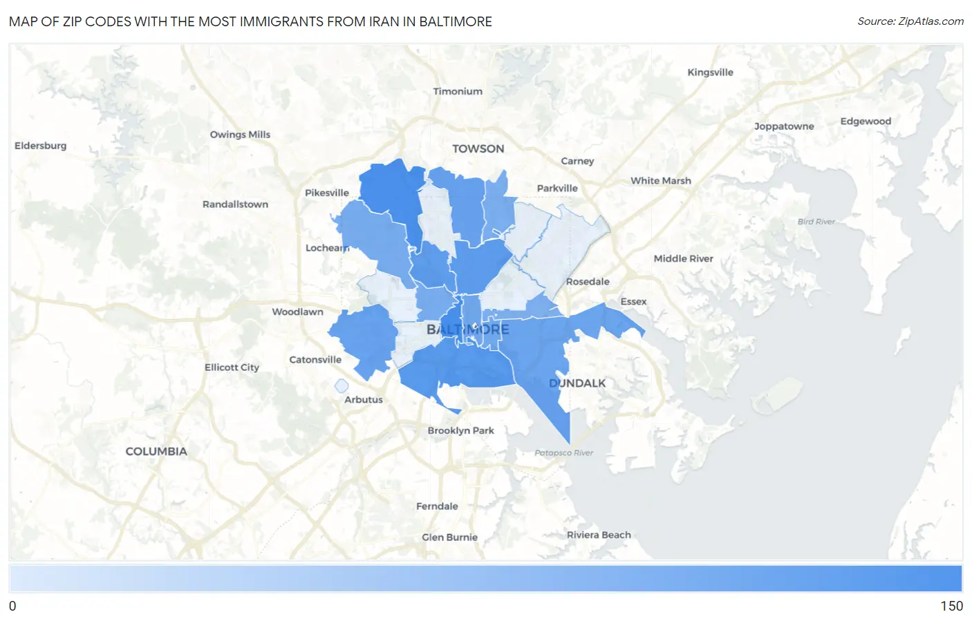 Zip Codes with the Most Immigrants from Iran in Baltimore Map