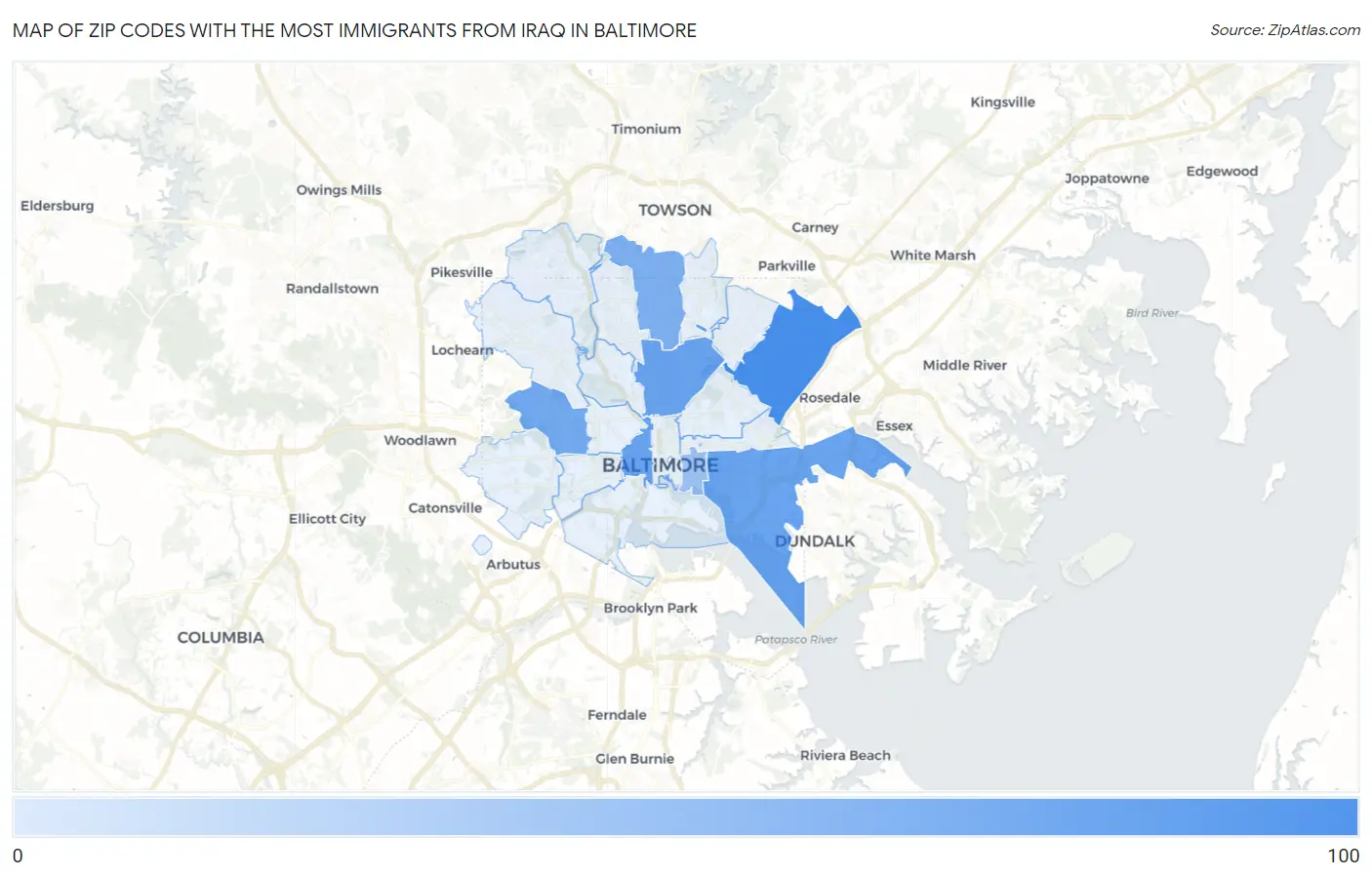 Zip Codes with the Most Immigrants from Iraq in Baltimore Map