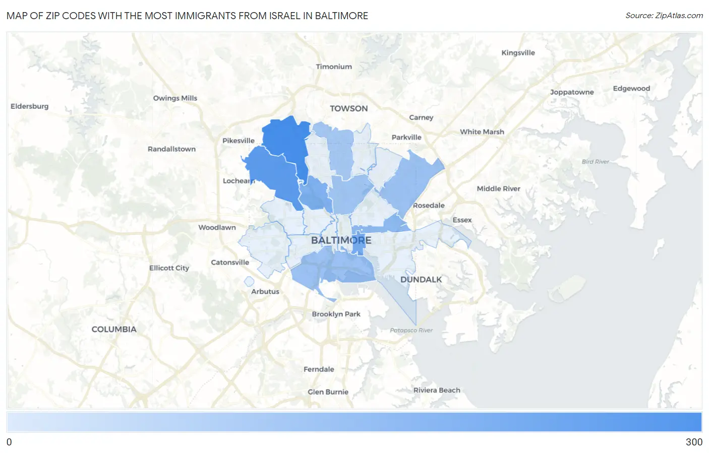 Zip Codes with the Most Immigrants from Israel in Baltimore Map