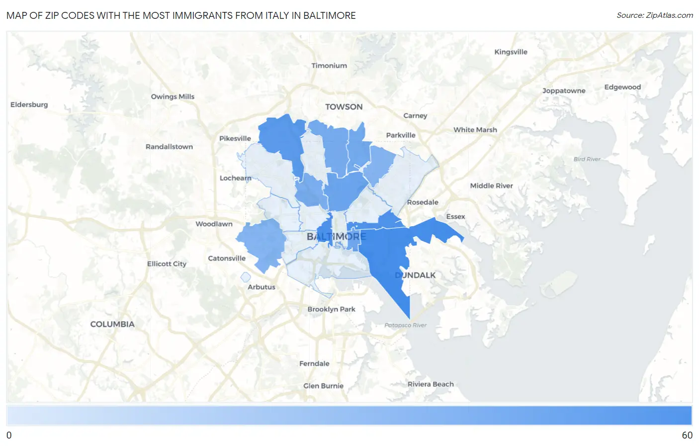 Zip Codes with the Most Immigrants from Italy in Baltimore Map
