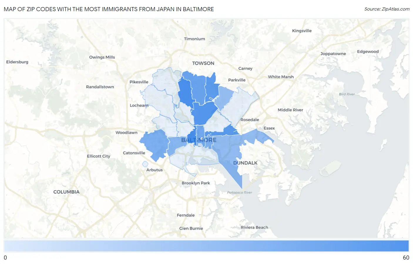 Zip Codes with the Most Immigrants from Japan in Baltimore Map
