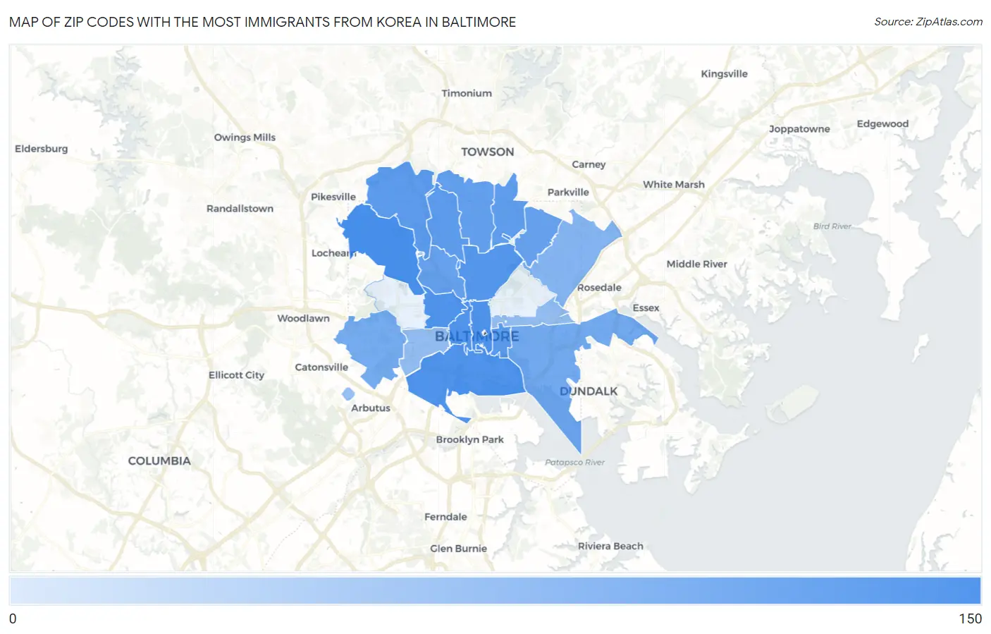 Zip Codes with the Most Immigrants from Korea in Baltimore Map