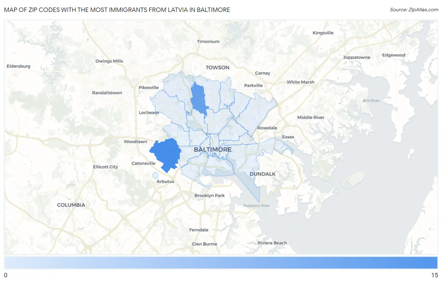 Zip Codes with the Most Immigrants from Latvia in Baltimore Map