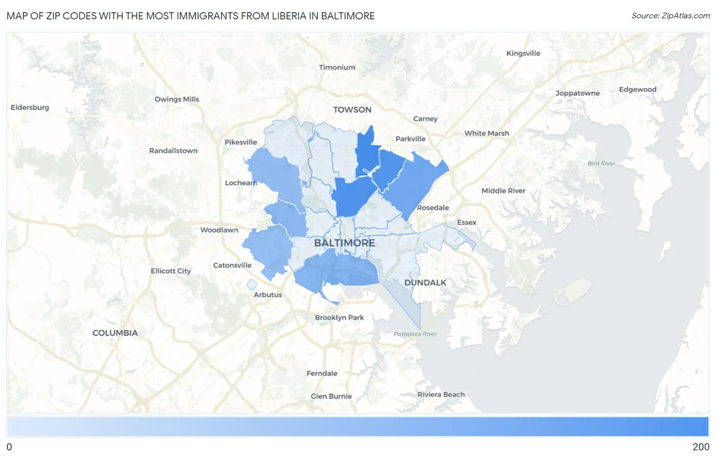 Zip Codes with the Most Immigrants from Liberia in Baltimore Map