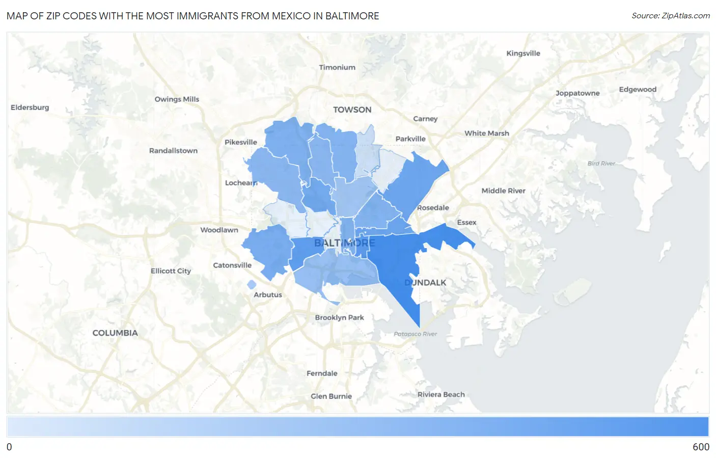 Zip Codes with the Most Immigrants from Mexico in Baltimore Map