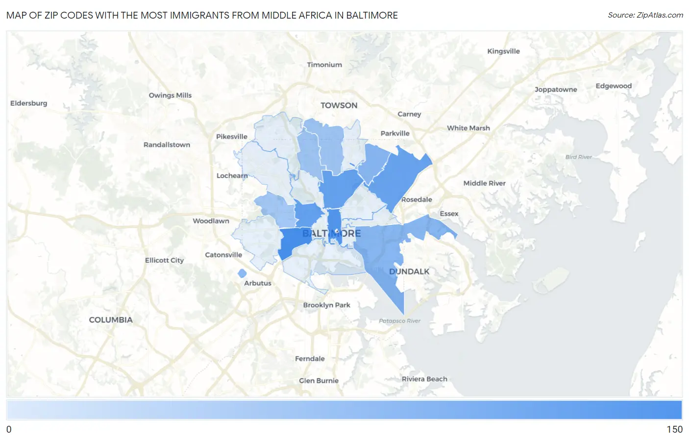 Zip Codes with the Most Immigrants from Middle Africa in Baltimore Map