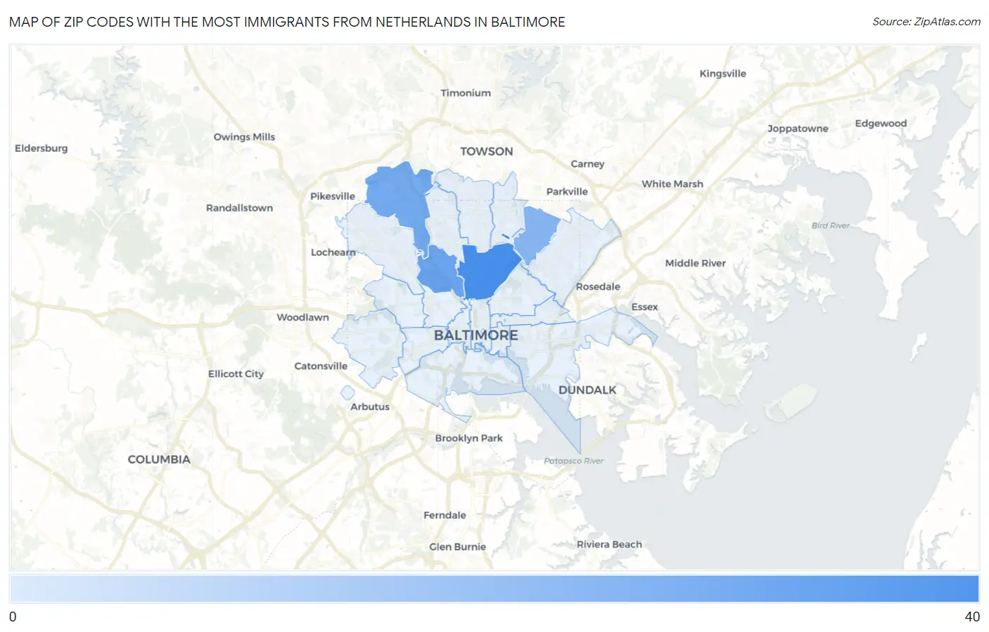 Zip Codes with the Most Immigrants from Netherlands in Baltimore Map