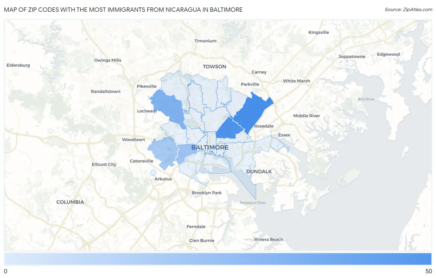 Zip Codes with the Most Immigrants from Nicaragua in Baltimore Map