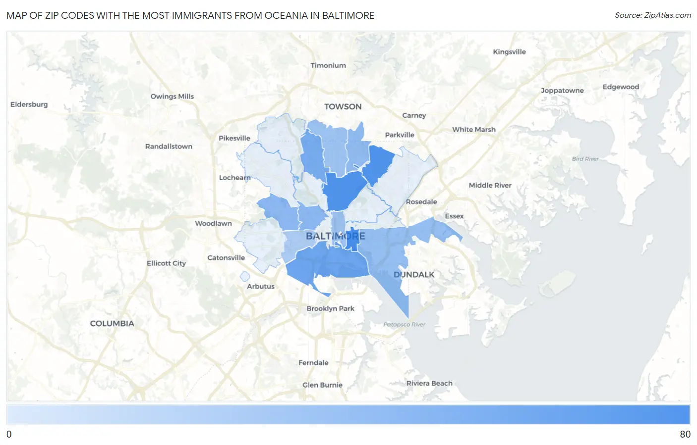 Zip Codes with the Most Immigrants from Oceania in Baltimore Map