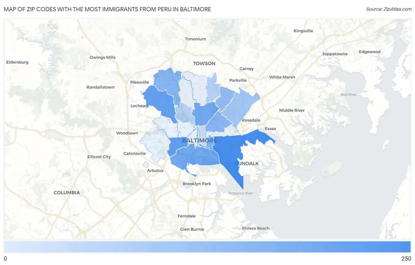 Zip Codes with the Most Immigrants from Peru in Baltimore Map